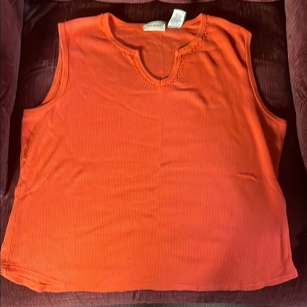 Orange Sleeveless Tank Top Beaded neck line L